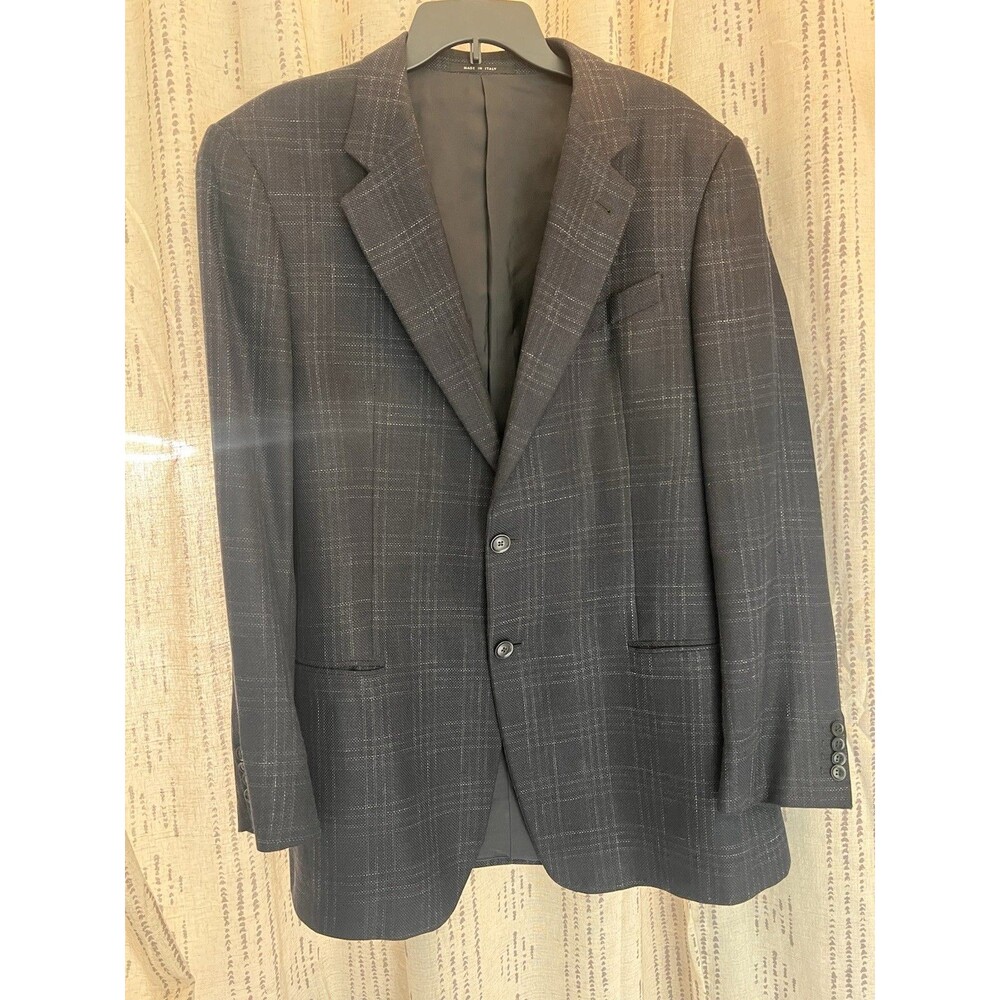 Armani Collezioni Mens Wool Silk Linen Plaid  Blazer Jacket Size 44L  2 Button